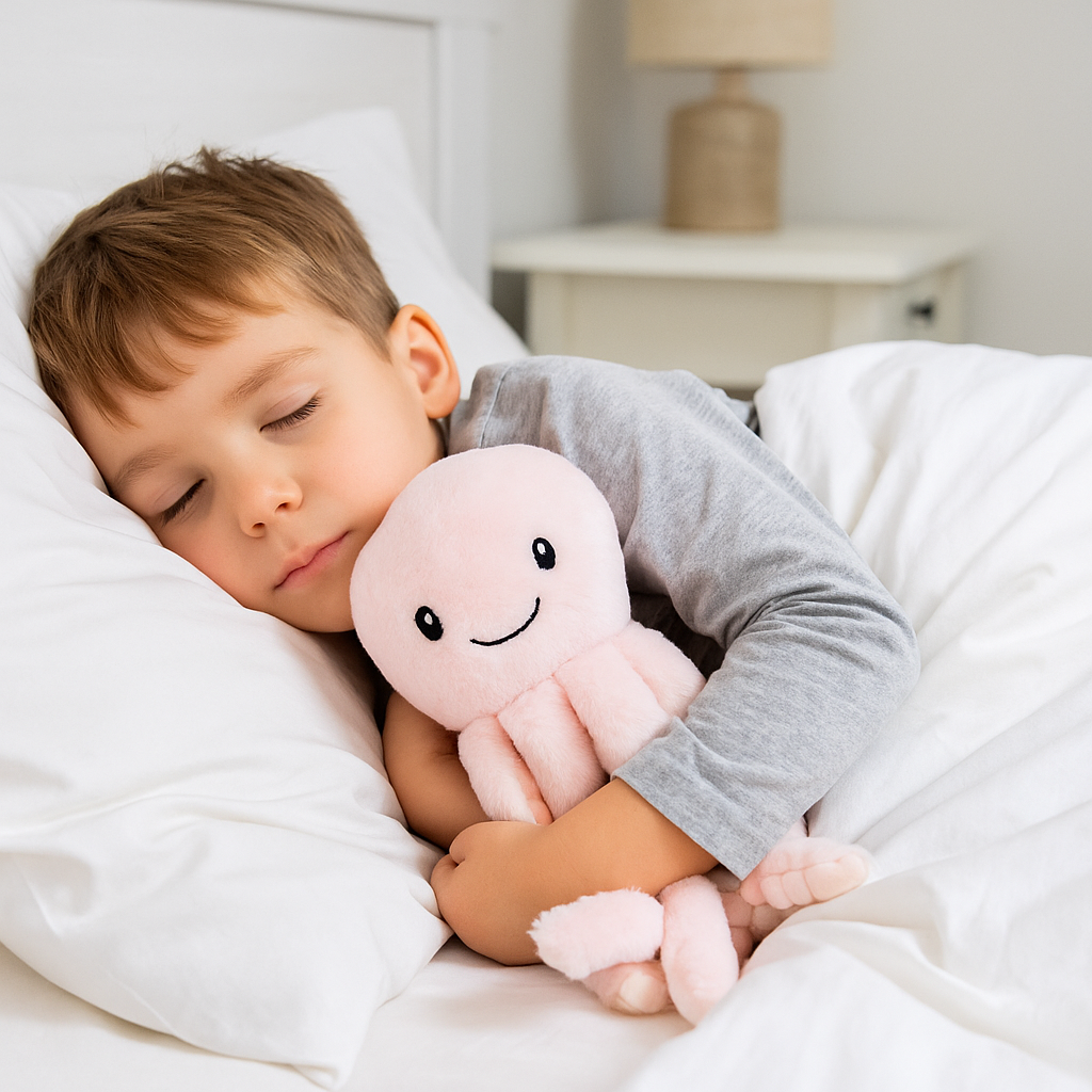 Jongetje slaapt met de Oktopus knuffel