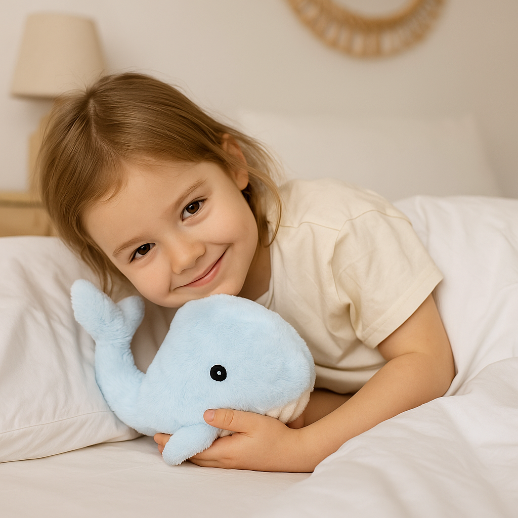 Meisje in bed met haar Walvis knuffel