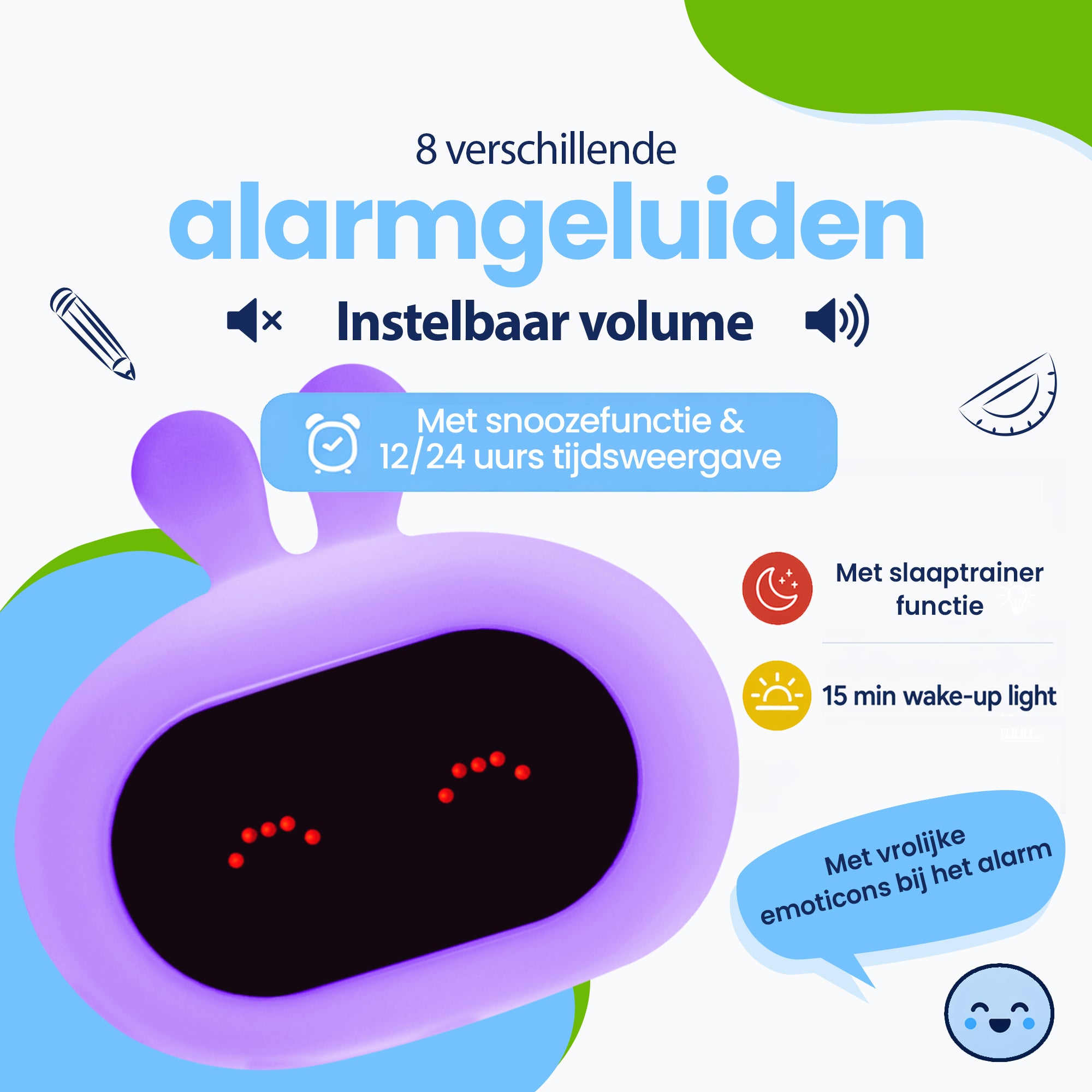 8 verschillende alarmgeluiden - Allemaal in volume aanpasbaar. Alarm speelt gedurende 1 minuut af - Inclusief snooze functie - Mét 15 min Wake-Up light functie