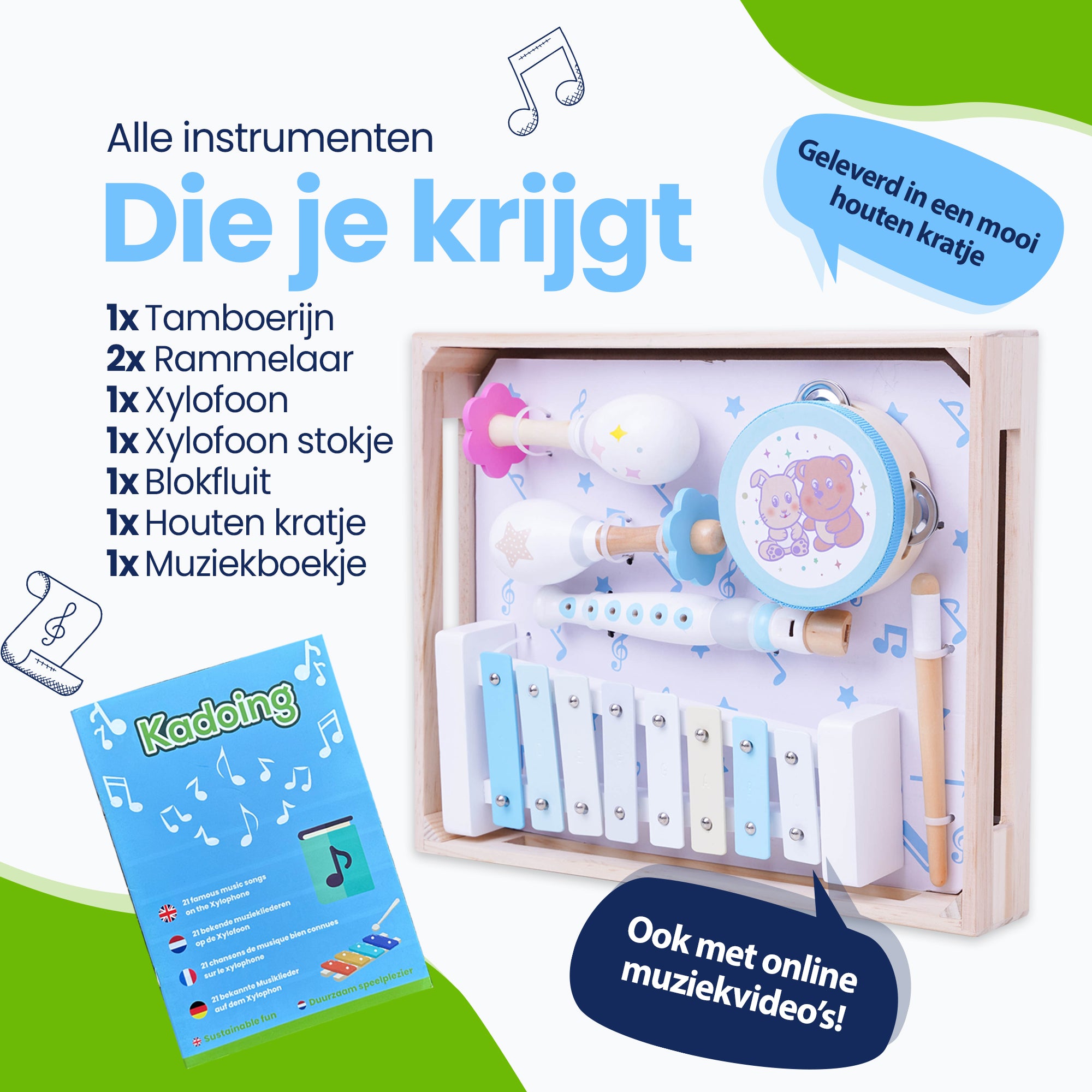 Alle instrumenten die je krijgt - in een mooi houten kratje van solide-rubuuste kwaliteit - Tamboerijn - Rammelaar - Xylofoon - Xylofoon stokje - Blokfluit - Houten kratje - Incl. Xylofoon muziekboekje en online muziekvideo'