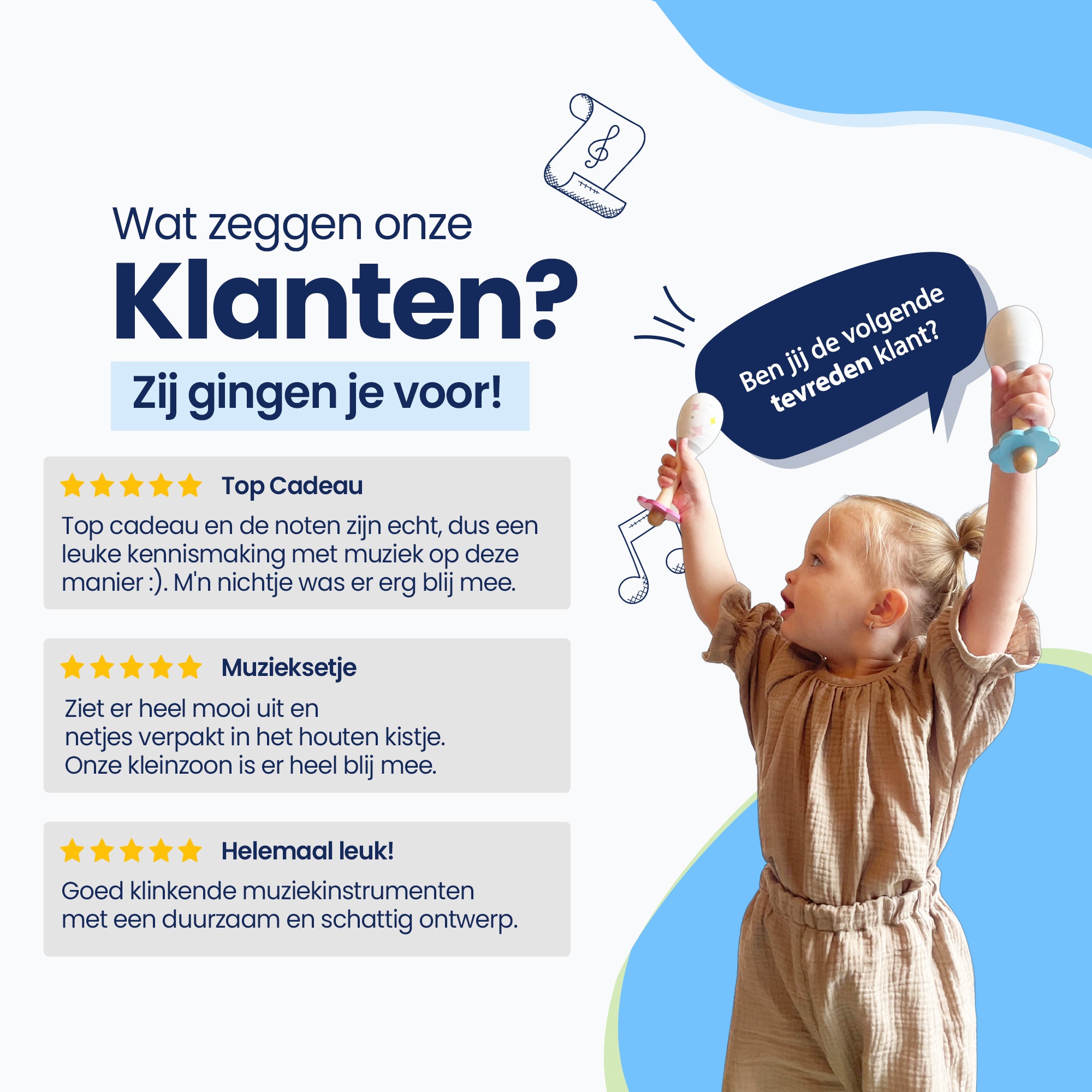 Wat zeggen onze klanten? Zij gingen je voor! Top Cadeau - Top cadeau en de noten zijn echt, dus een leuke kennismaking met muziek op deze manier :). Mijn nichtje was er erg blij mee. Muzieksetje - Ziet er heel mooi uit en netjes veprakt in het houten kistje. Onze kleinzoon is er heel blij mee. helemaal leuk! Goed klinkende muziekinstrumenten met een duurzaam en schattig ontwerp. Ben jij de volgende tevreden klant?