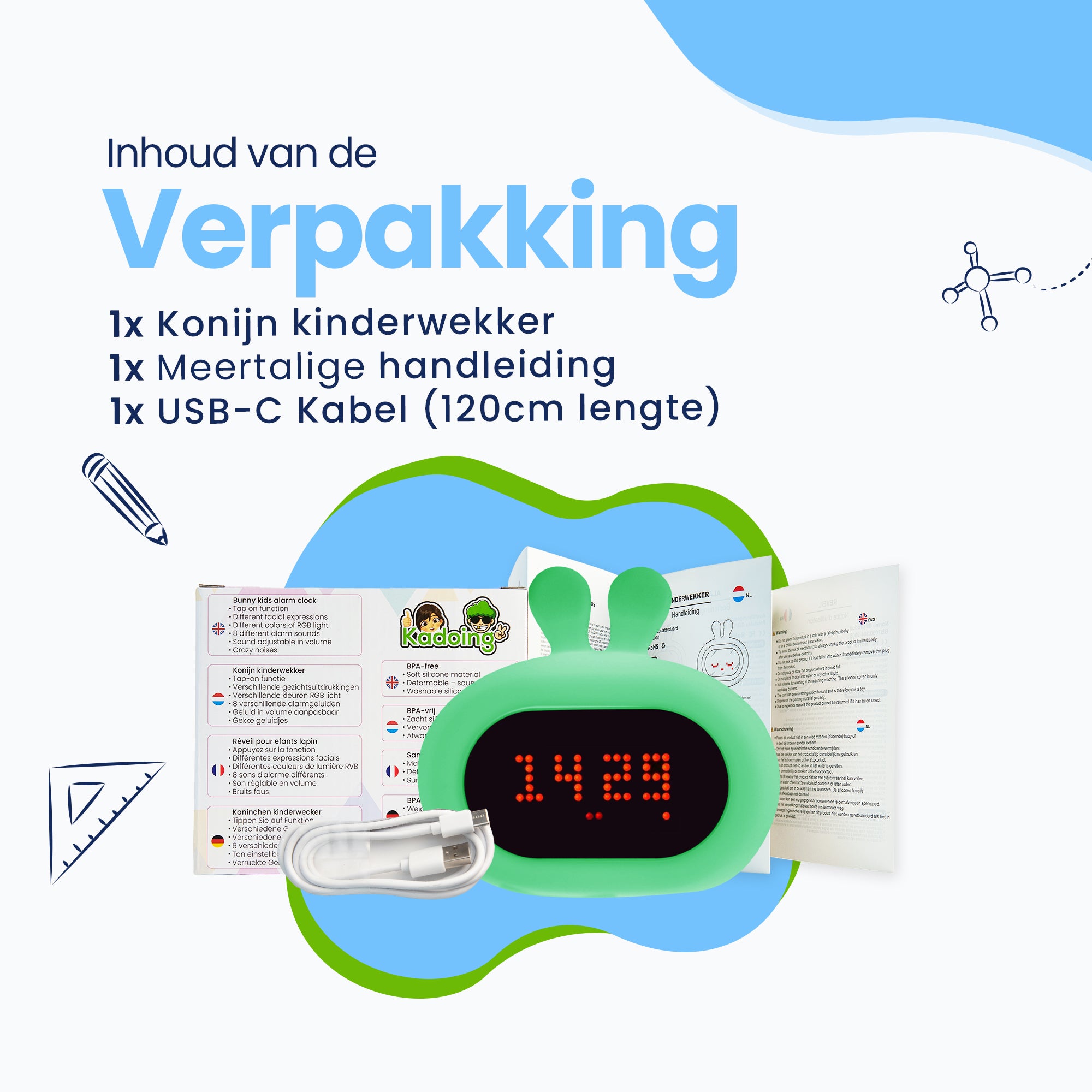 Inhoud van de verpakking: 1x Konijn kinderwekker, 1x meetalige handleiding, 1x USB-C Kabel (120cm lengte)