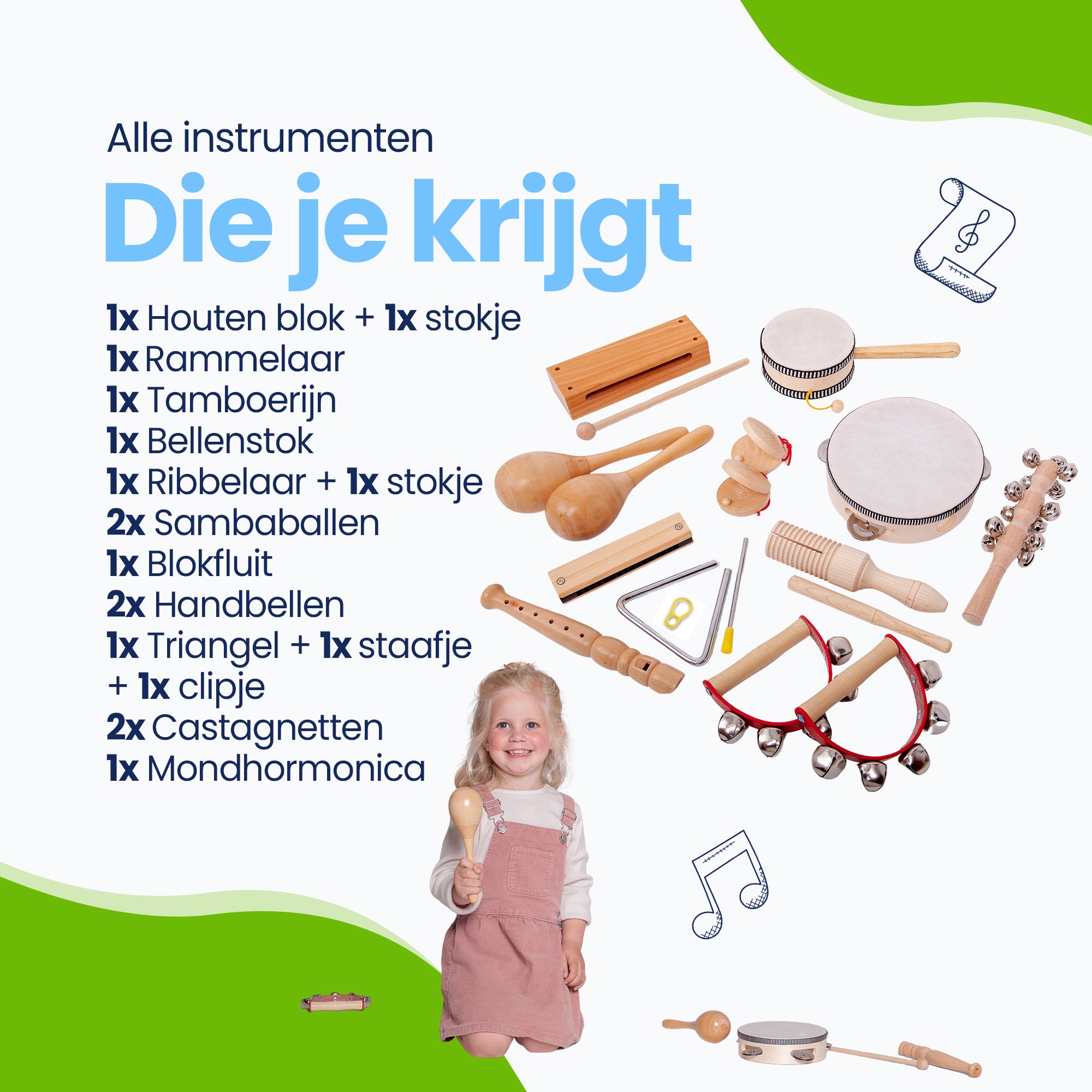 Deze set bevat genoeg speelgoedmuziekinstrumenten om een band te beginnen! Welk instrument kies jij? De handbellen of toch liever de castagenetten - Voor ieder wat wils!