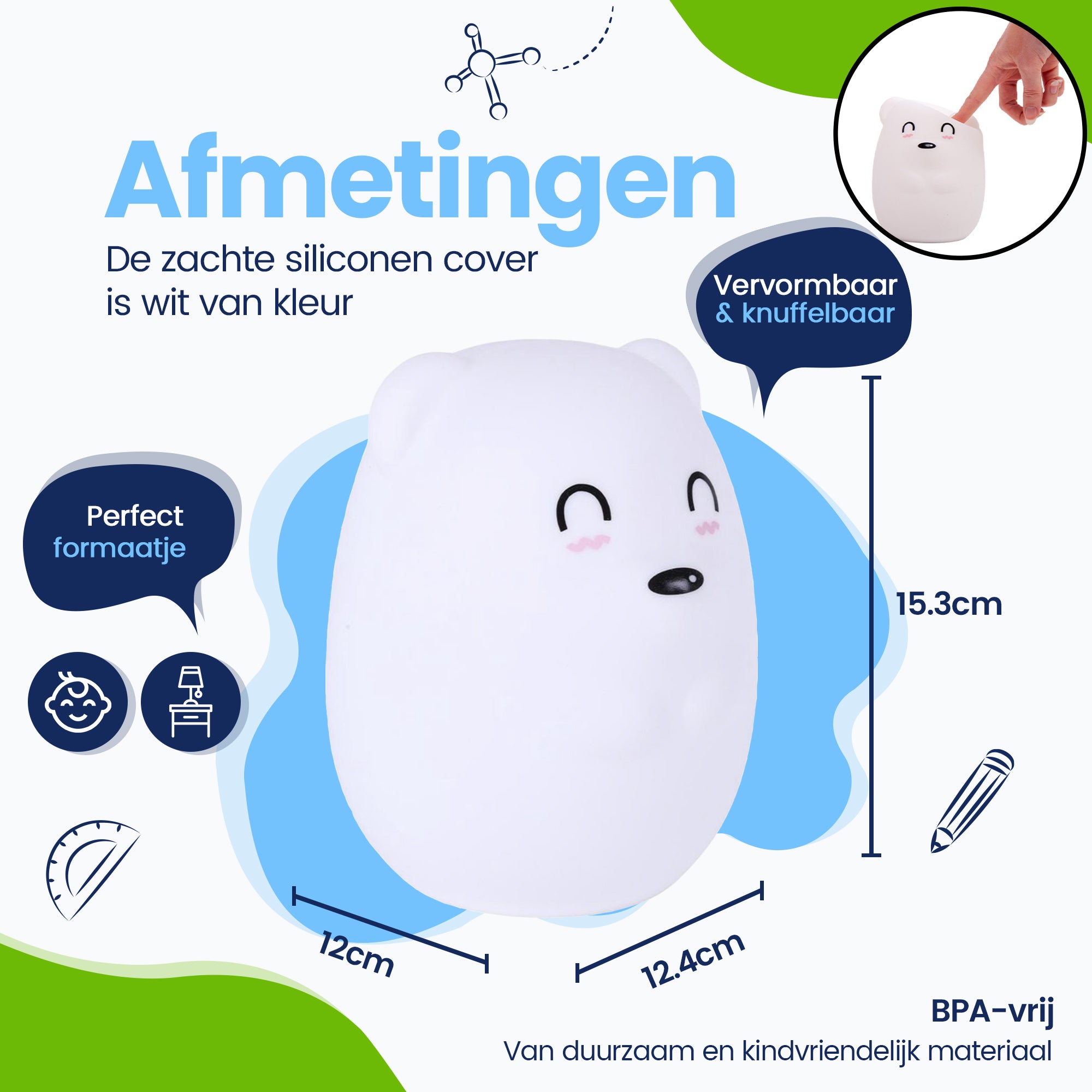 Afmetingen Beer Nachtlamp - Perfect formaatje - Premium Design - De siliconen cover is wit van kleur