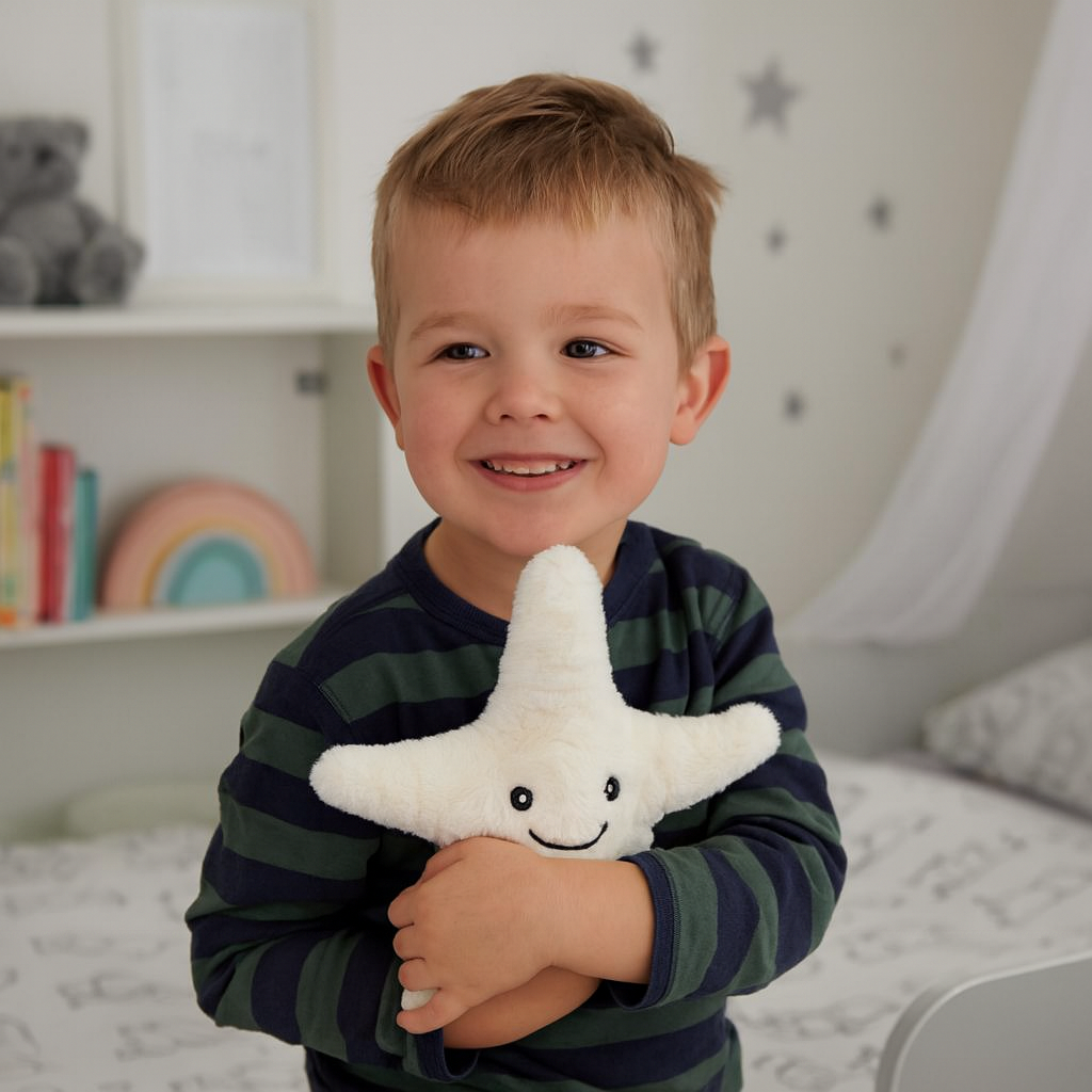 Blij jongen met Zeester knuffel