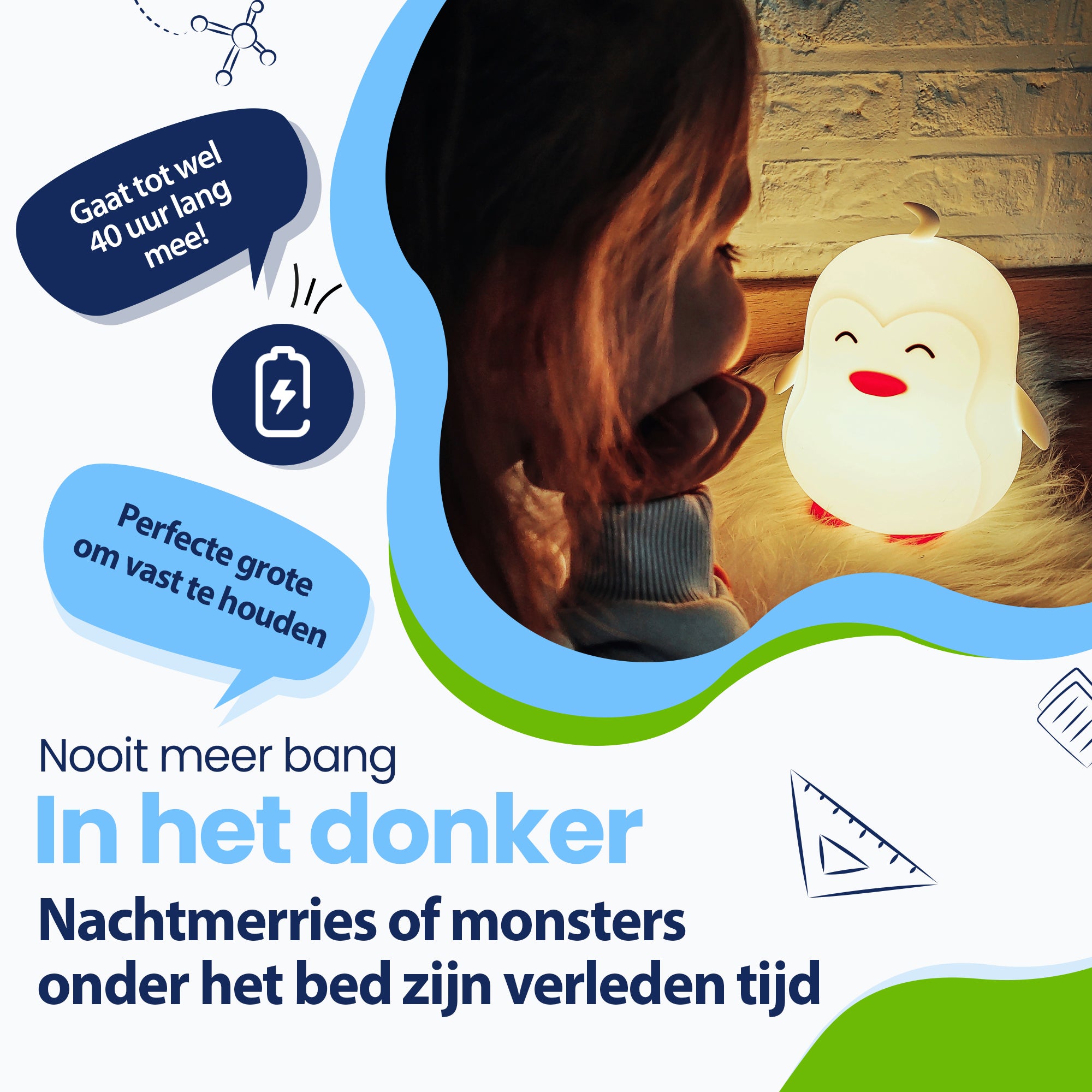 Nooit meer bang in het donker - Nachtmerries of monsters onder het bed zijn verleden tijd - gaat tot wel 40 uur lang mee - Perfecte grote om vast te houden