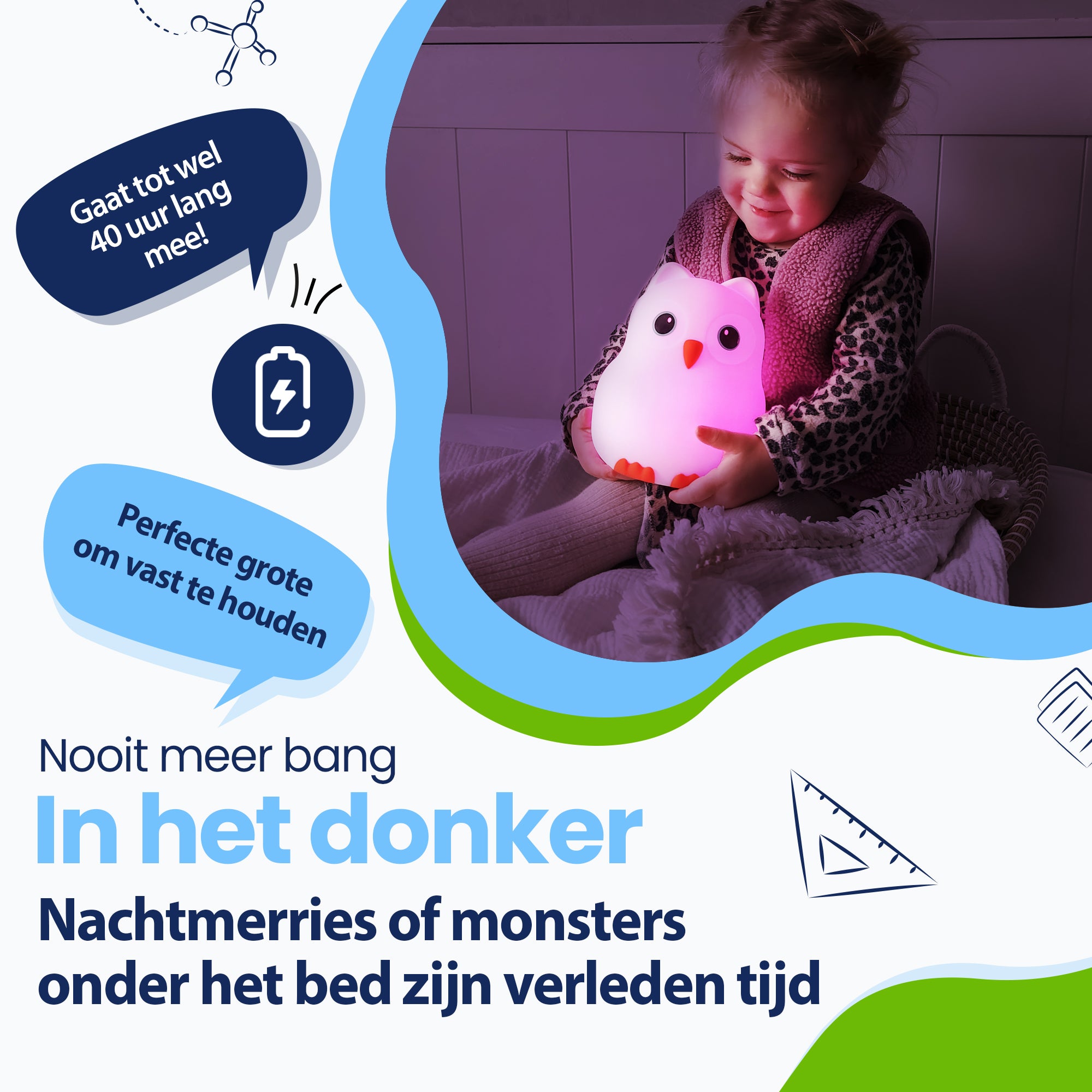 Nooit meer bang in het donker - Nachtmerries of monsters onder het bed zijn verleden tijd - gaat tot wel 40 uur lang mee - Perfecte grote om vast te houden