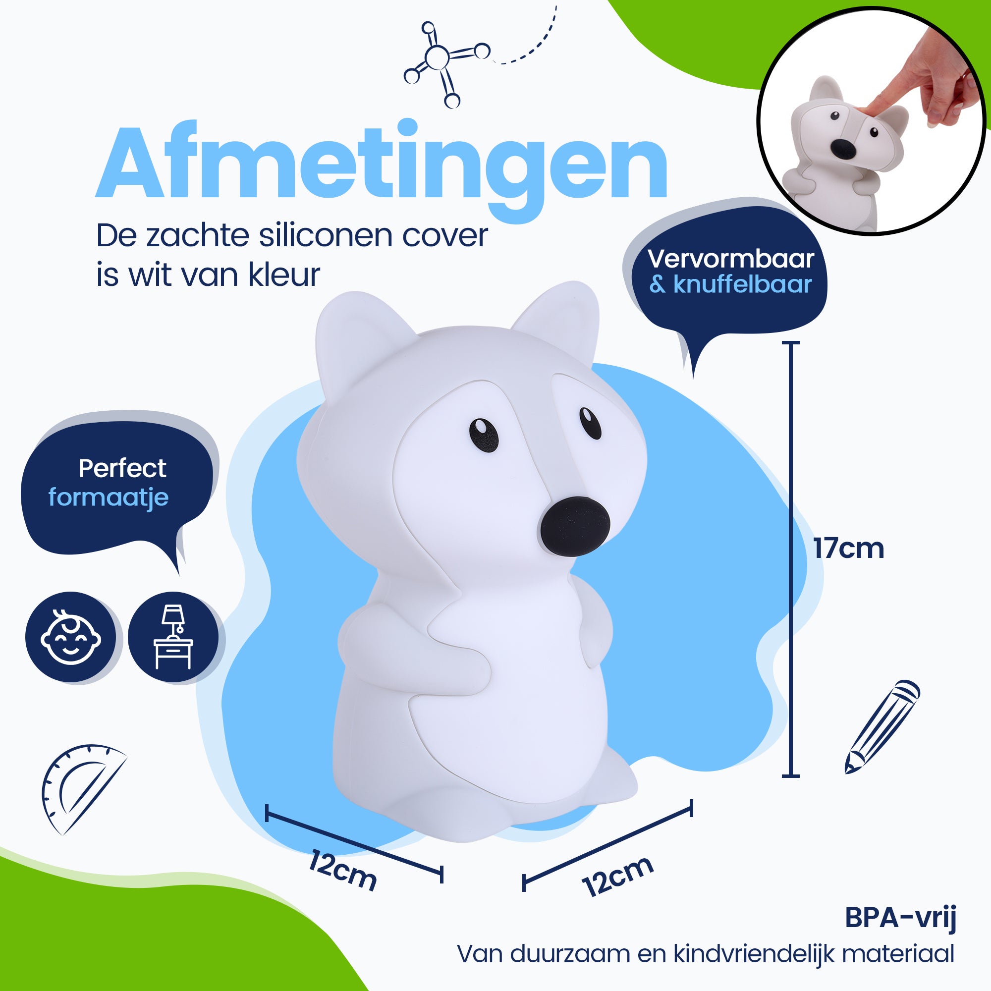 Afmetingen Vos Nachtlamp - Perfect formaatje - Premium Design - De siliconen cover is wit van kleur