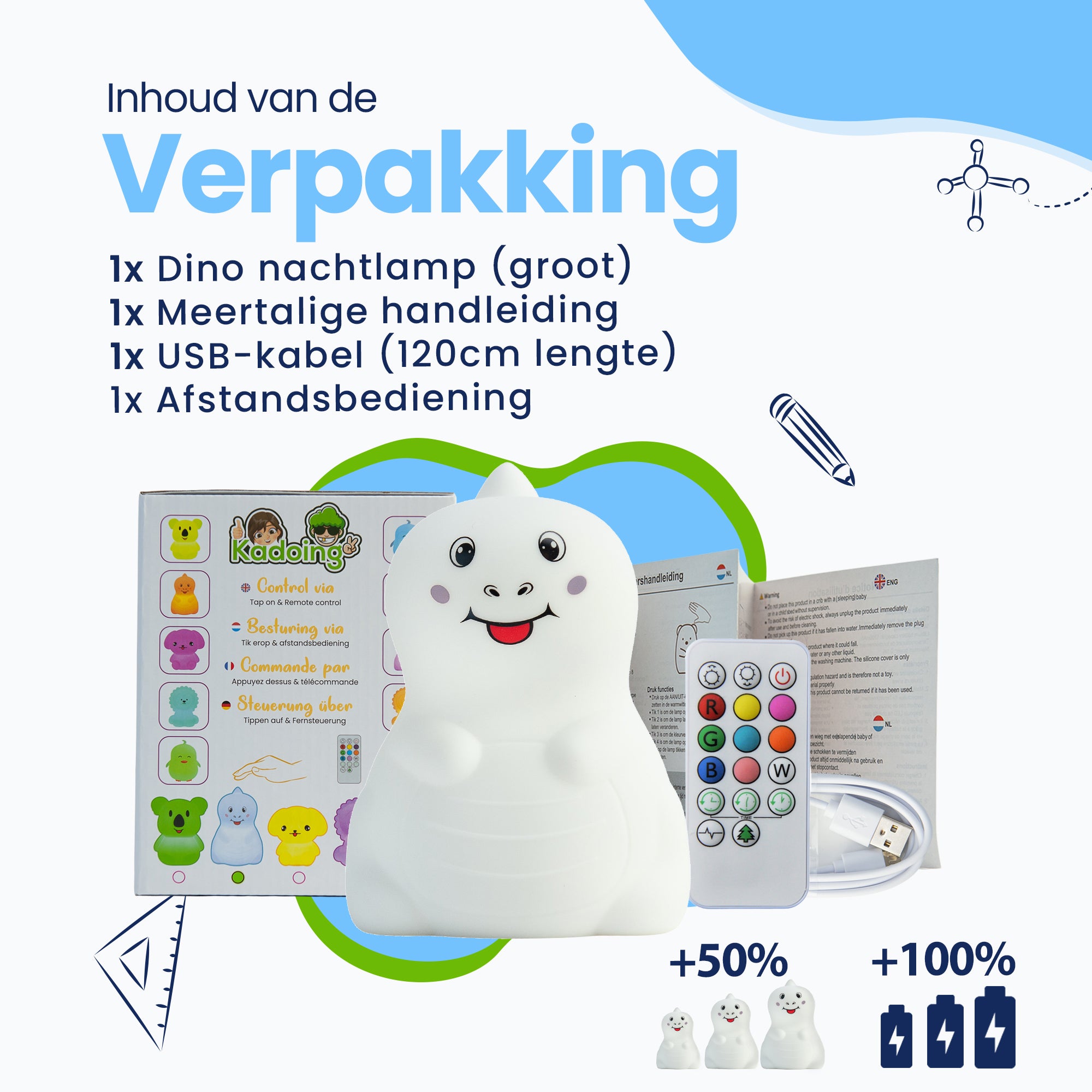 Inhoud van de verpakking - Dino nachtlamp (groot) - meertalige handleiding - usb-kabel (120cm lengte) - afstandsbediening