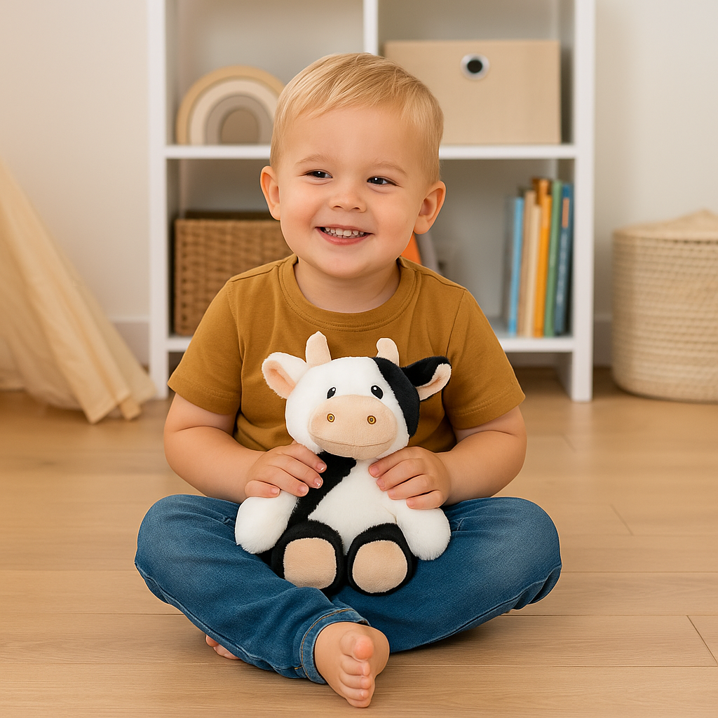 Jongen spelen met de Koe knuffel