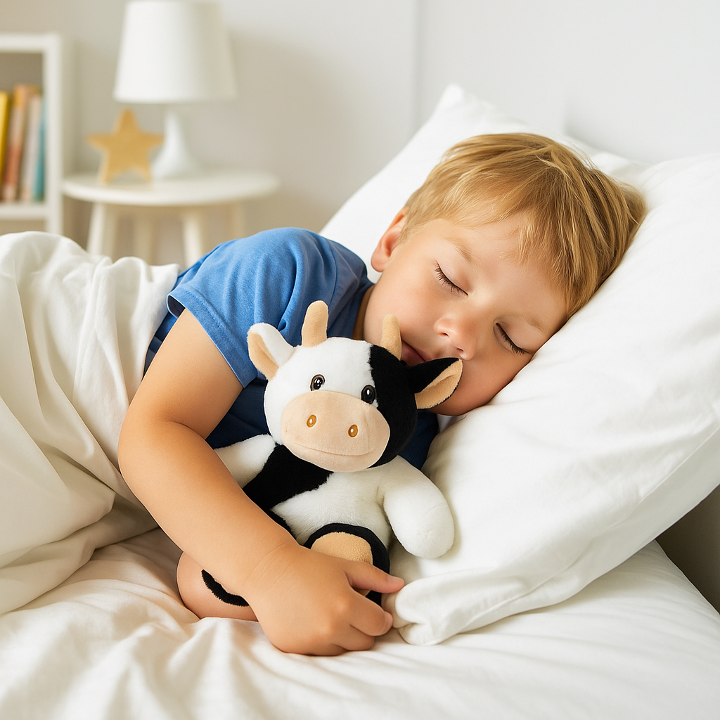 Jongetje slapend met koe knuffel