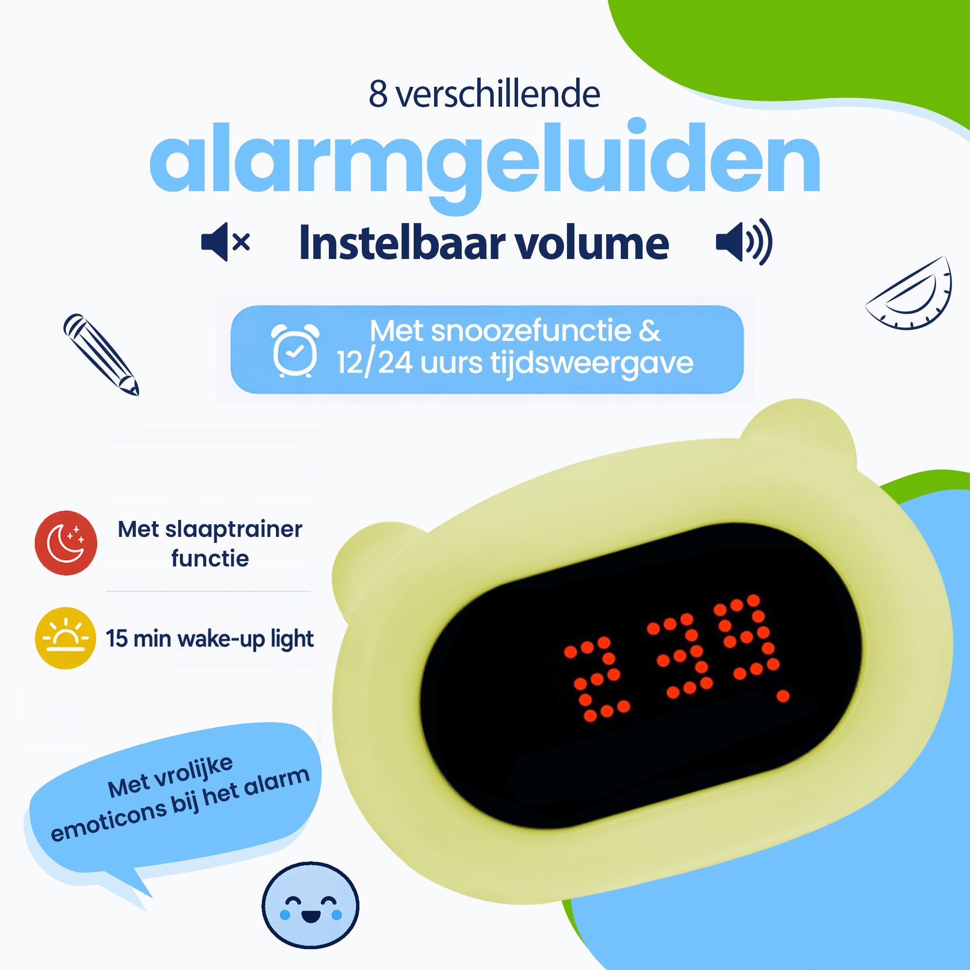 8 verschillende alarmgeluiden - Allemaal in volume aanpasbaar. Alarm speelt gedurende 1 minuut af - Inclusief snooze functie - Mét 15 min Wake-Up light functie