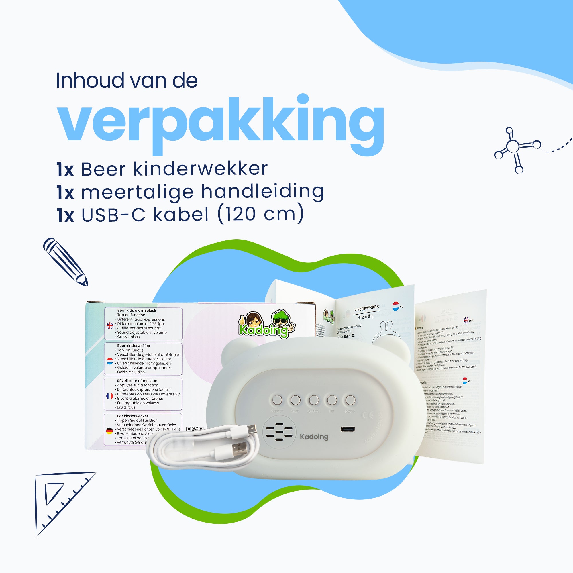 Inhoud van de verpakking: 1x Beer kinderwekker, 1x meetalige handleiding, 1x USB-C Kabel (120cm lengte)