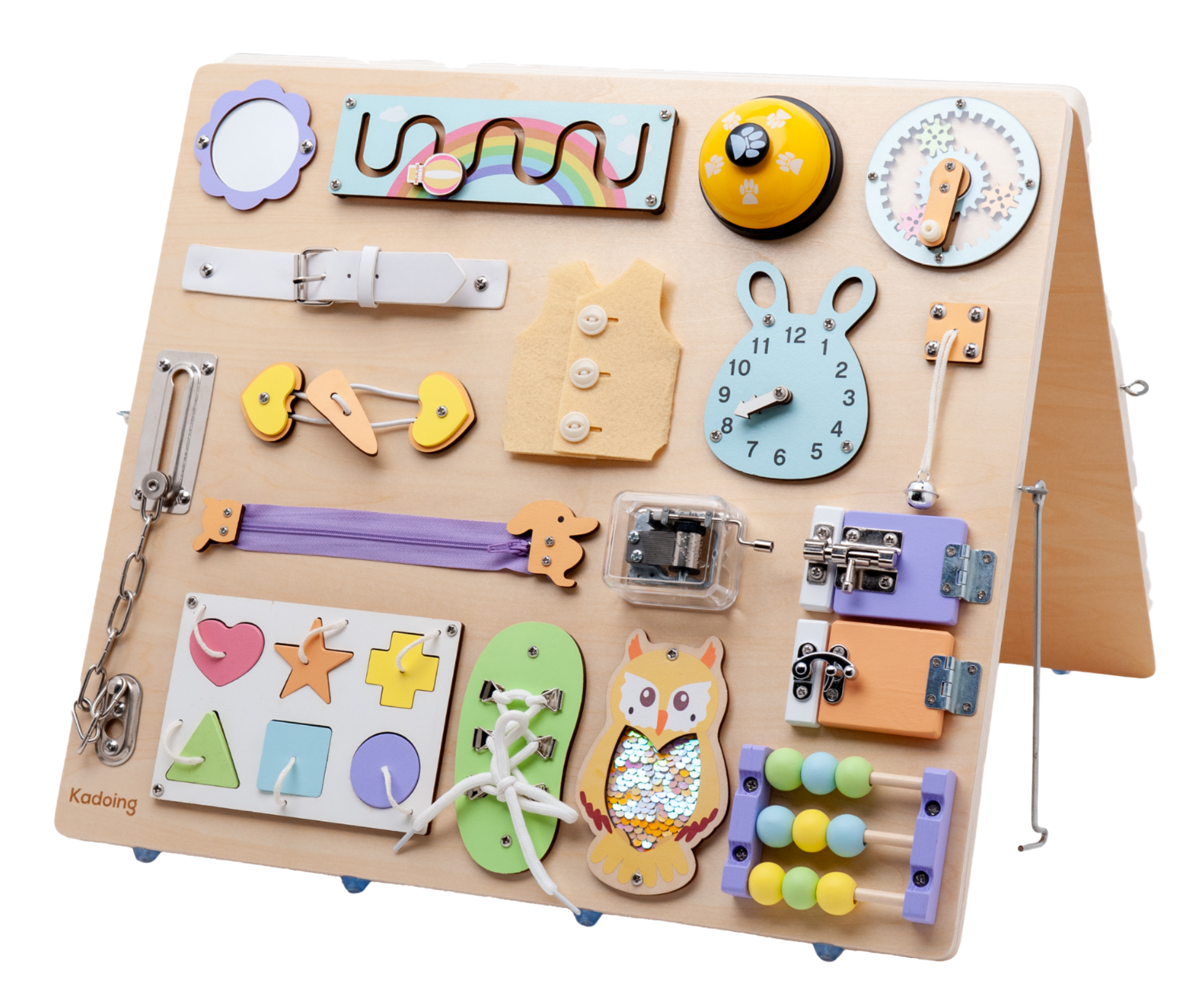 Kadoing® Montessori Activity Board - Double-Sided XL Wooden Busy Board with Chalkboard & 18 Educational Play Elements
