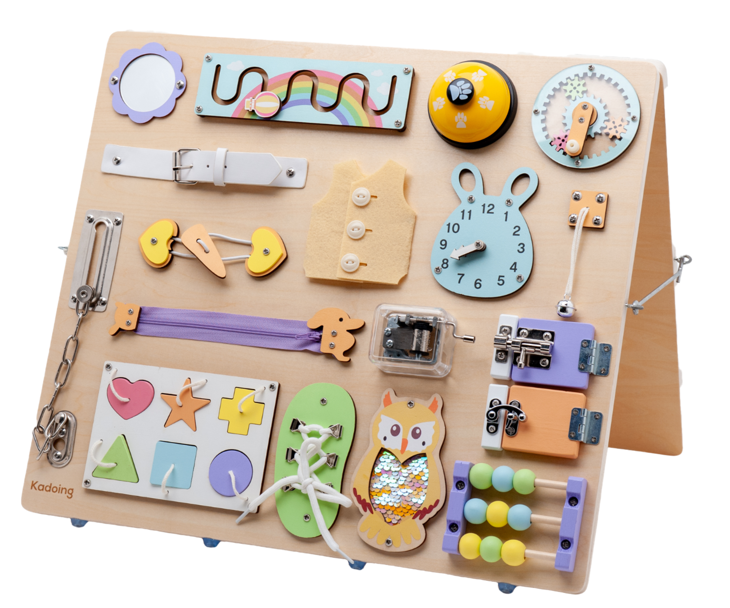 Kadoing® Montessori Activity Board - Double-Sided XL Wooden Busy Board with Chalkboard & 18 Educational Play Elements