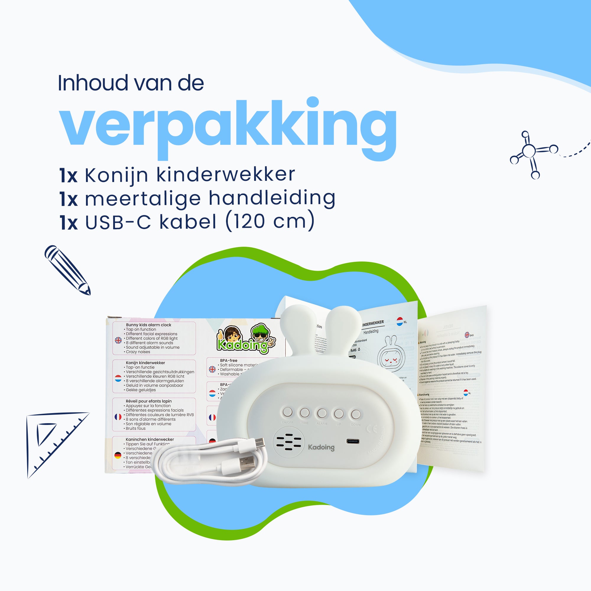 Inhoud van de verpakking: 1x Konijn kinderwekker, 1x meetalige handleiding, 1x USB-C Kabel (120cm lengte)