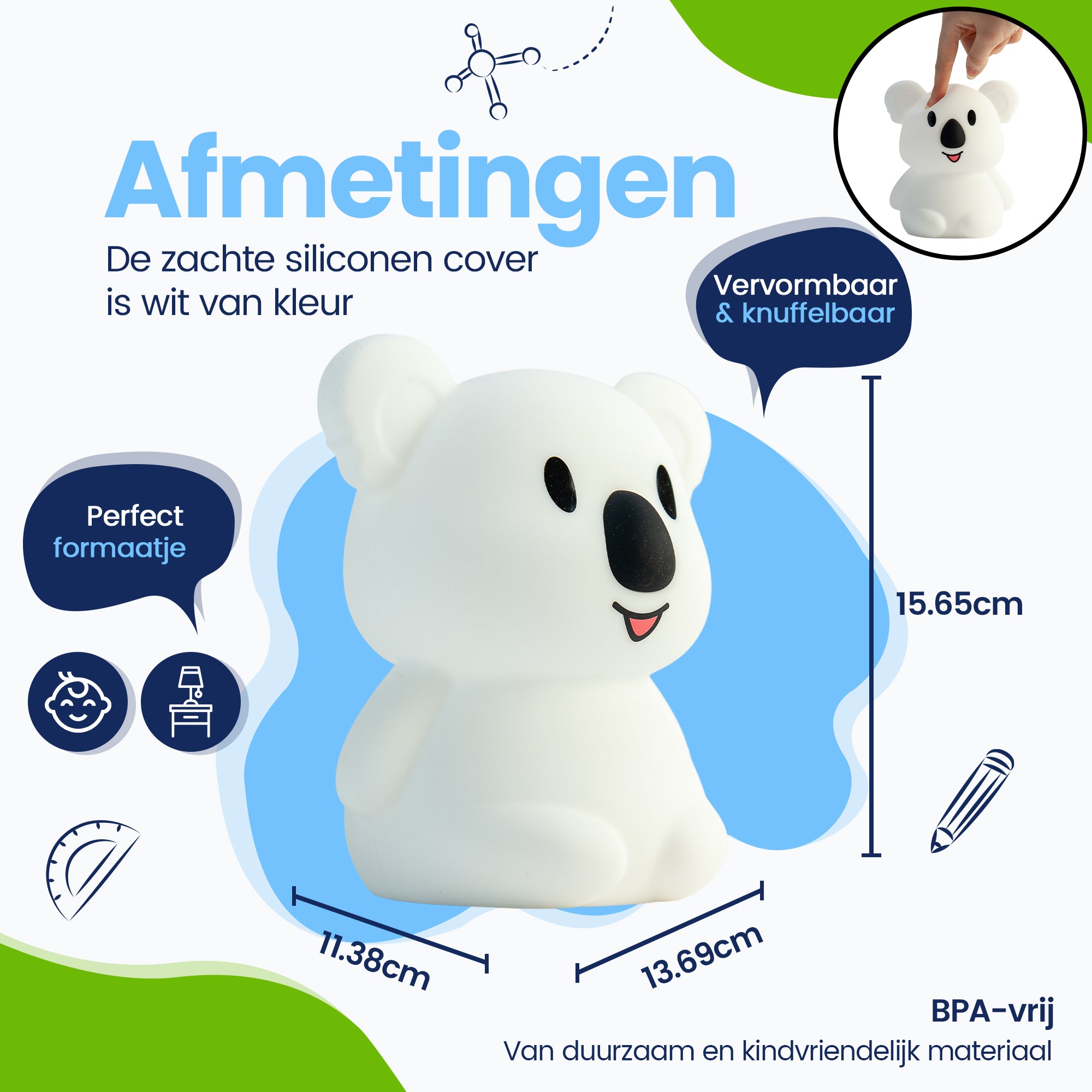 Afmetingen Koala Nachtlamp - Perfect formaatje - Premium Design - De siliconen cover is wit van kleur