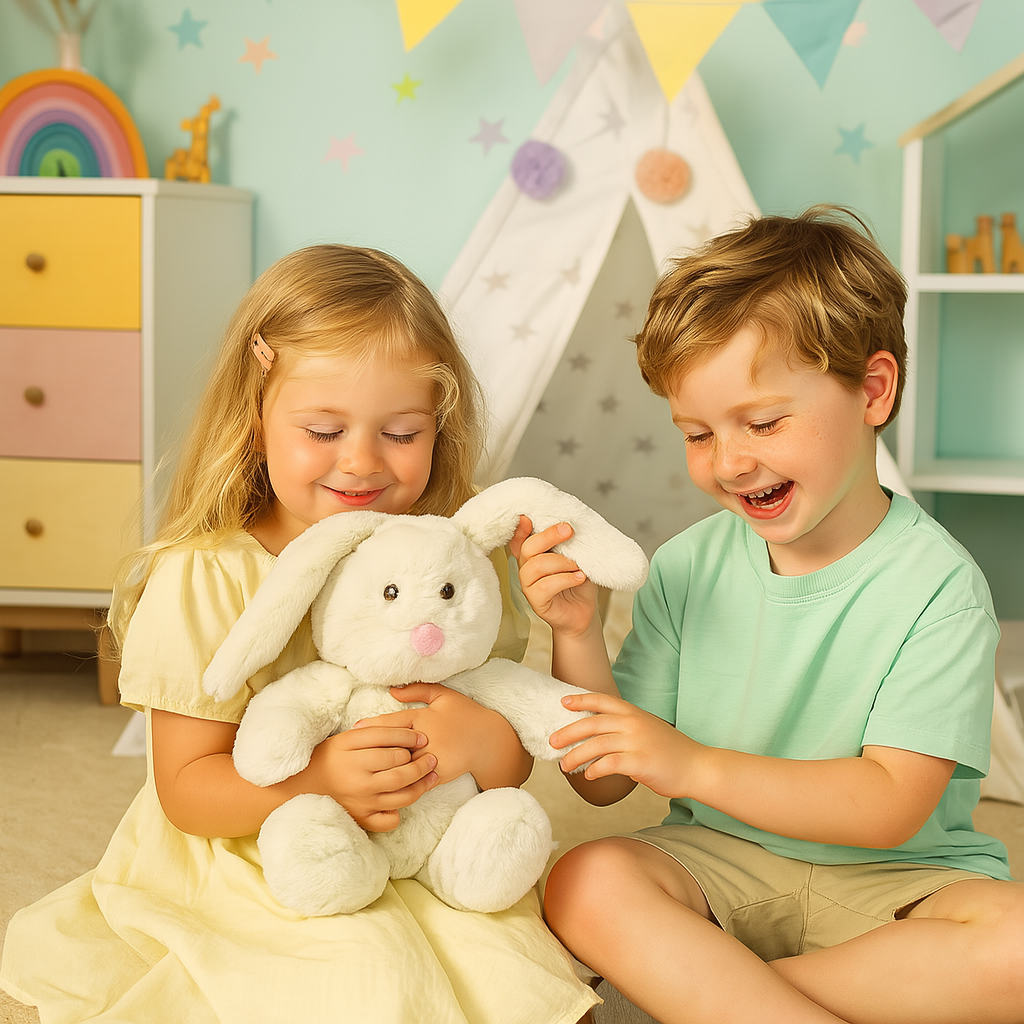 Konijnenknuffel met spelende kinderen op de achtergrond
