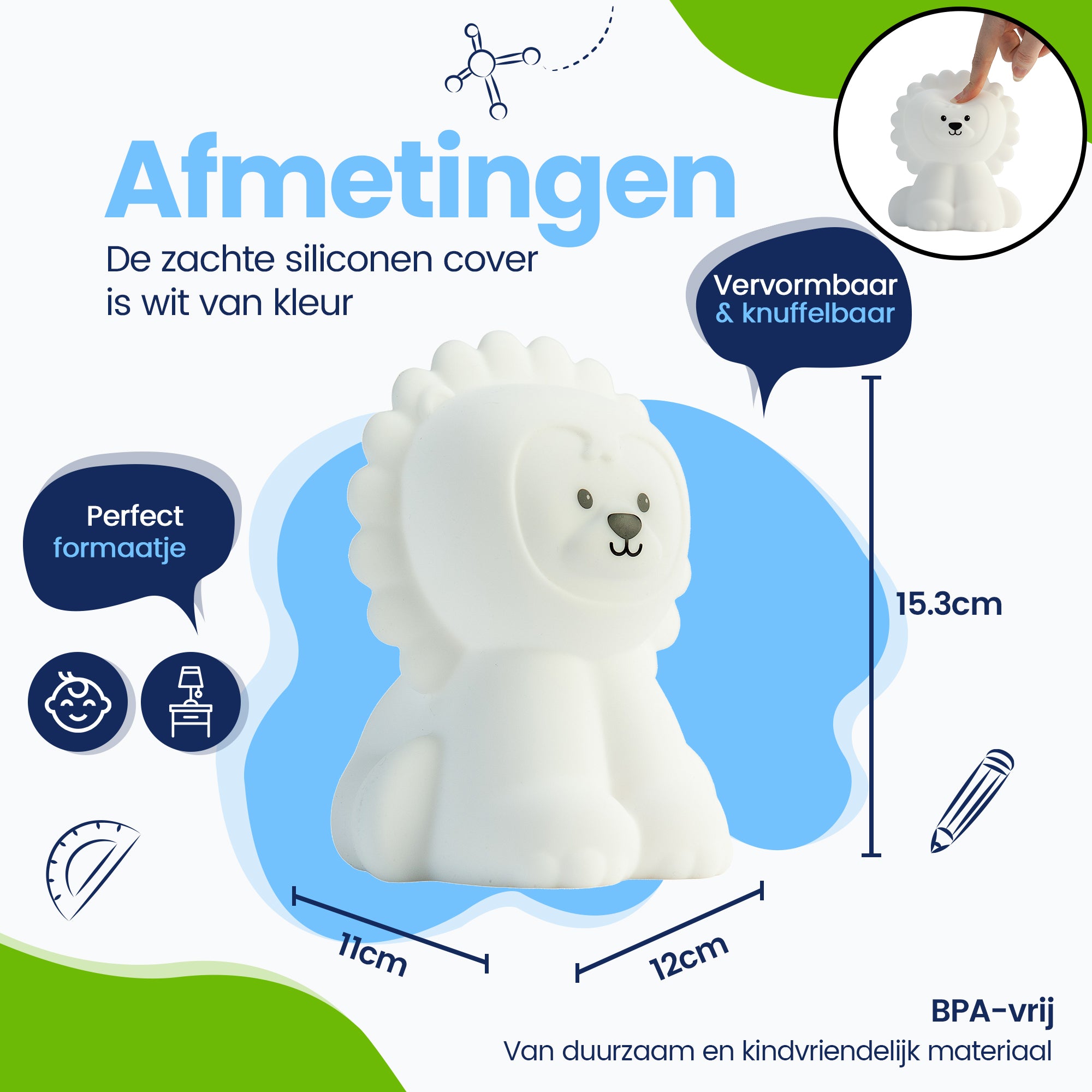 Afmetingen Leeuw Nachtlamp - Perfect formaatje - Premium Design - De siliconen cover is wit van kleur