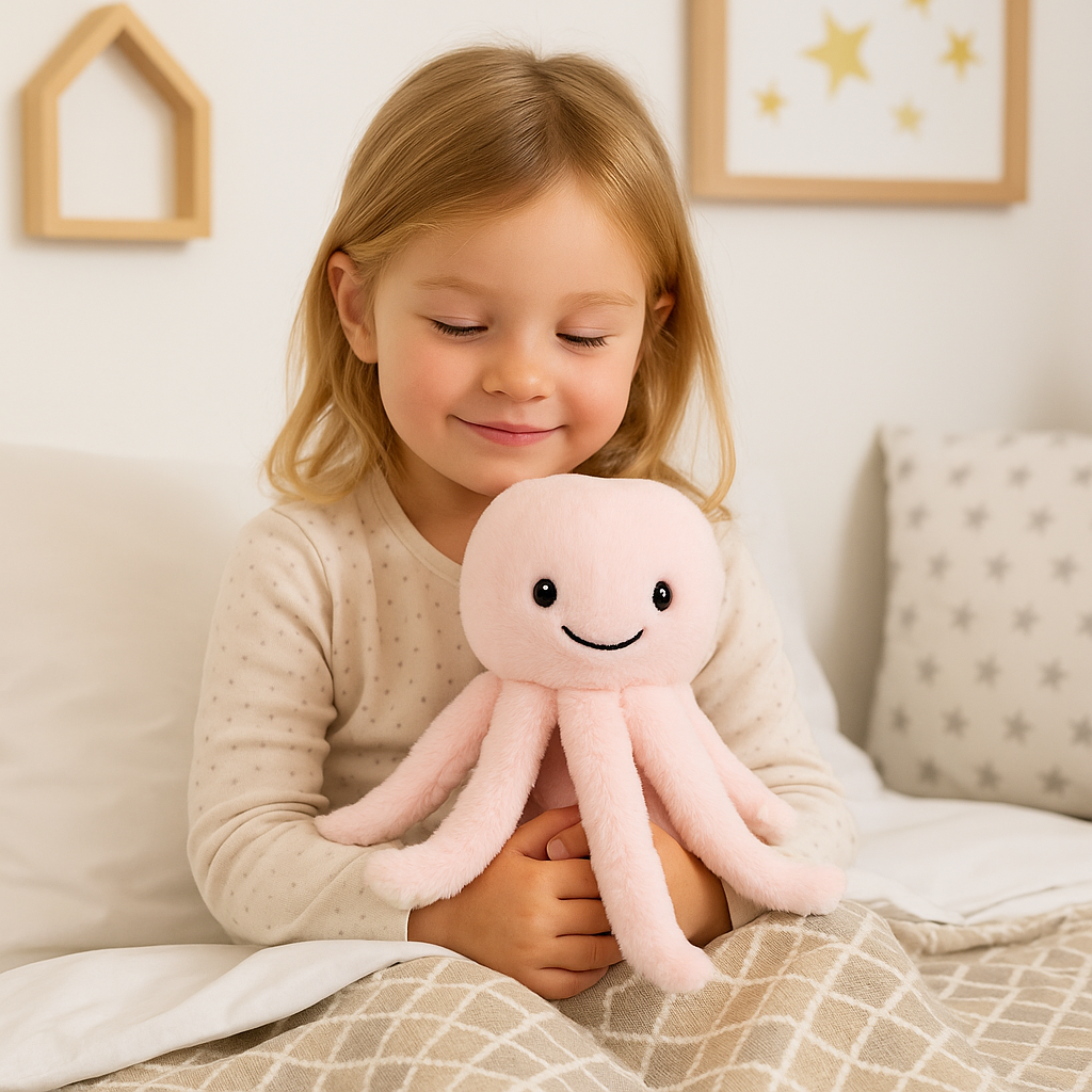 Meisje in bed met de octopus knuffel