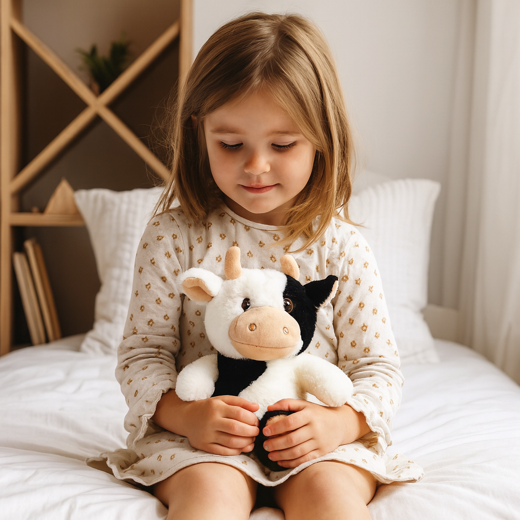 Meisje met de koe knuffel spelend