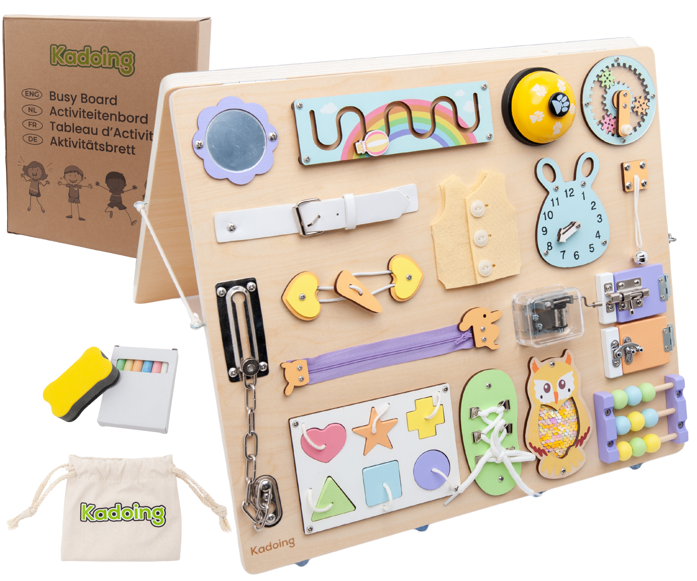 Kadoing® Montessori Activity Board - Double-Sided XL Wooden Busy Board with Chalkboard & 18 Educational Play Elements