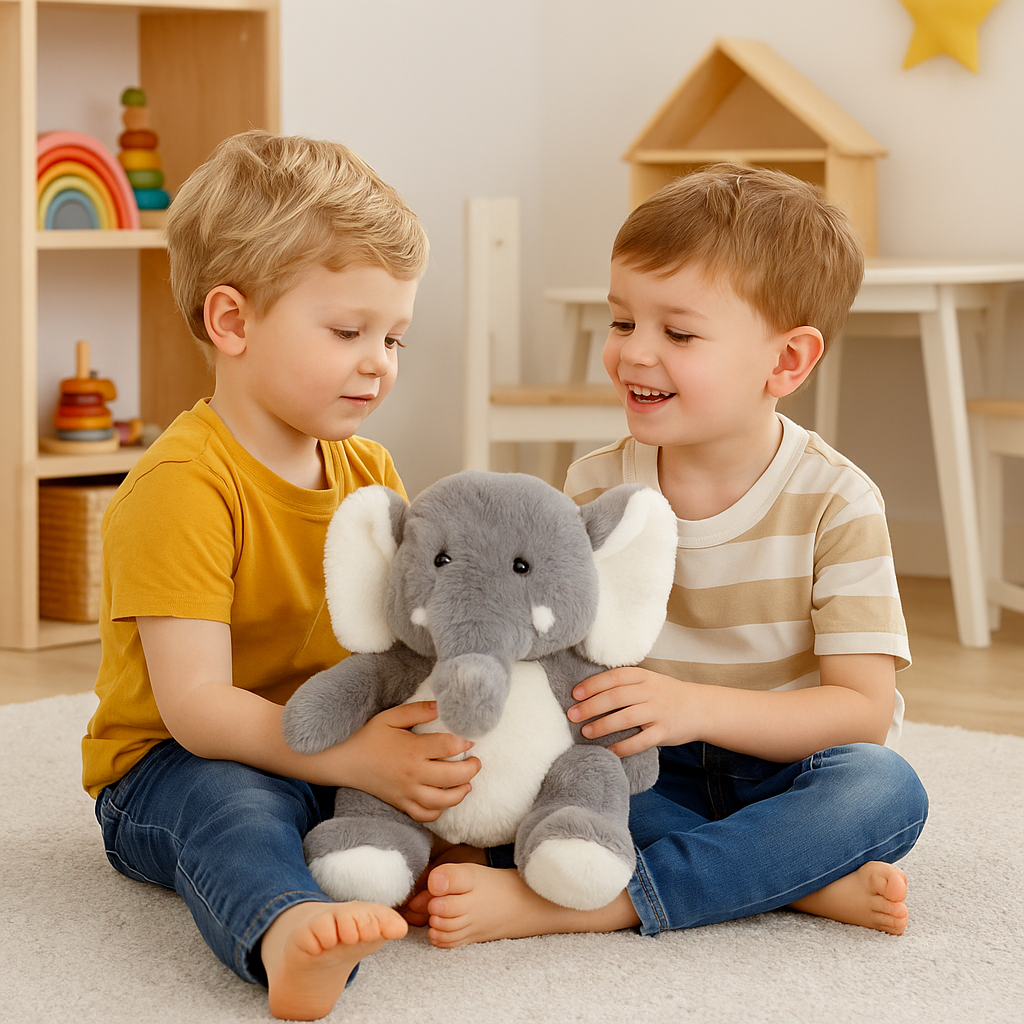 Schattige jongetjes spelend met hun olifanten knuffel