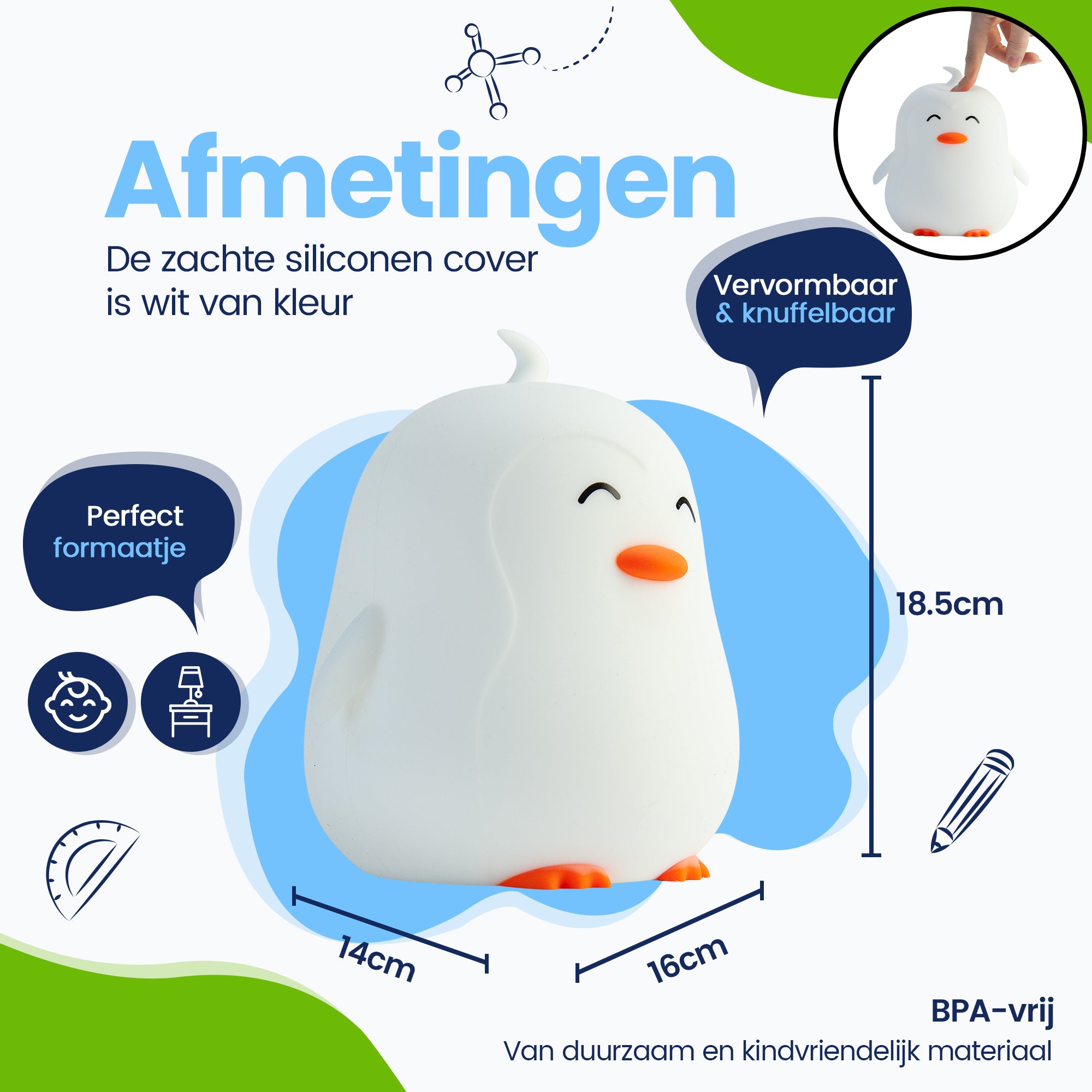 Afmetingen Pinguïn Nachtlamp - Perfect formaatje - Premium Design - De siliconen cover is wit van kleur