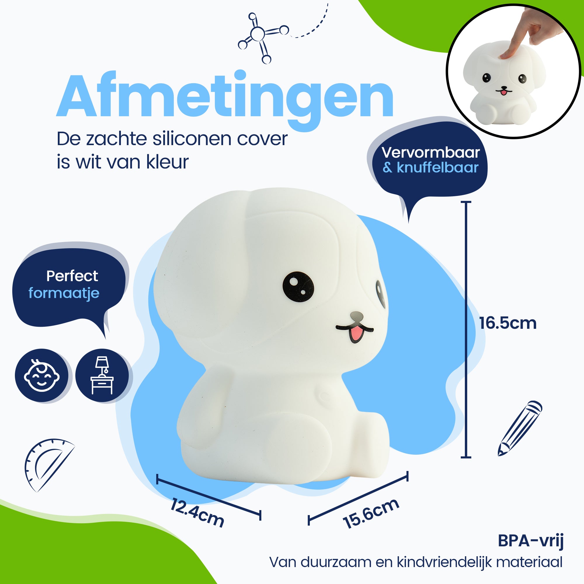 Afmetingen Puppy Nachtlamp - Perfect formaatje - Premium Design - De siliconen cover is wit van kleur
