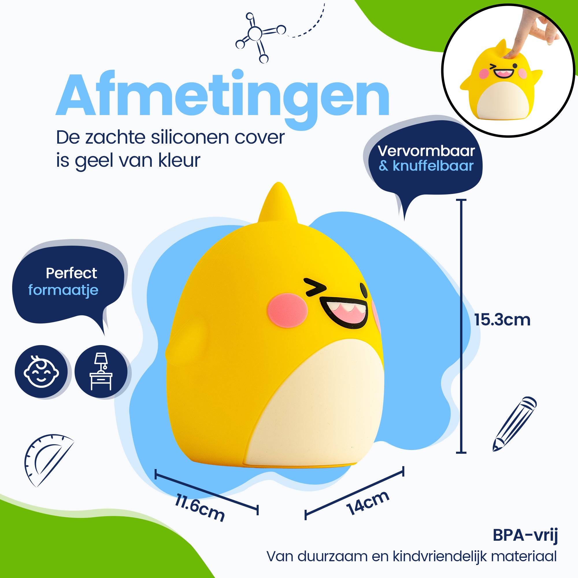 Afmetingen Baby Shark Nachtlamp - Perfect formaatje - Premium Design - De siliconen cover is geel van kleur