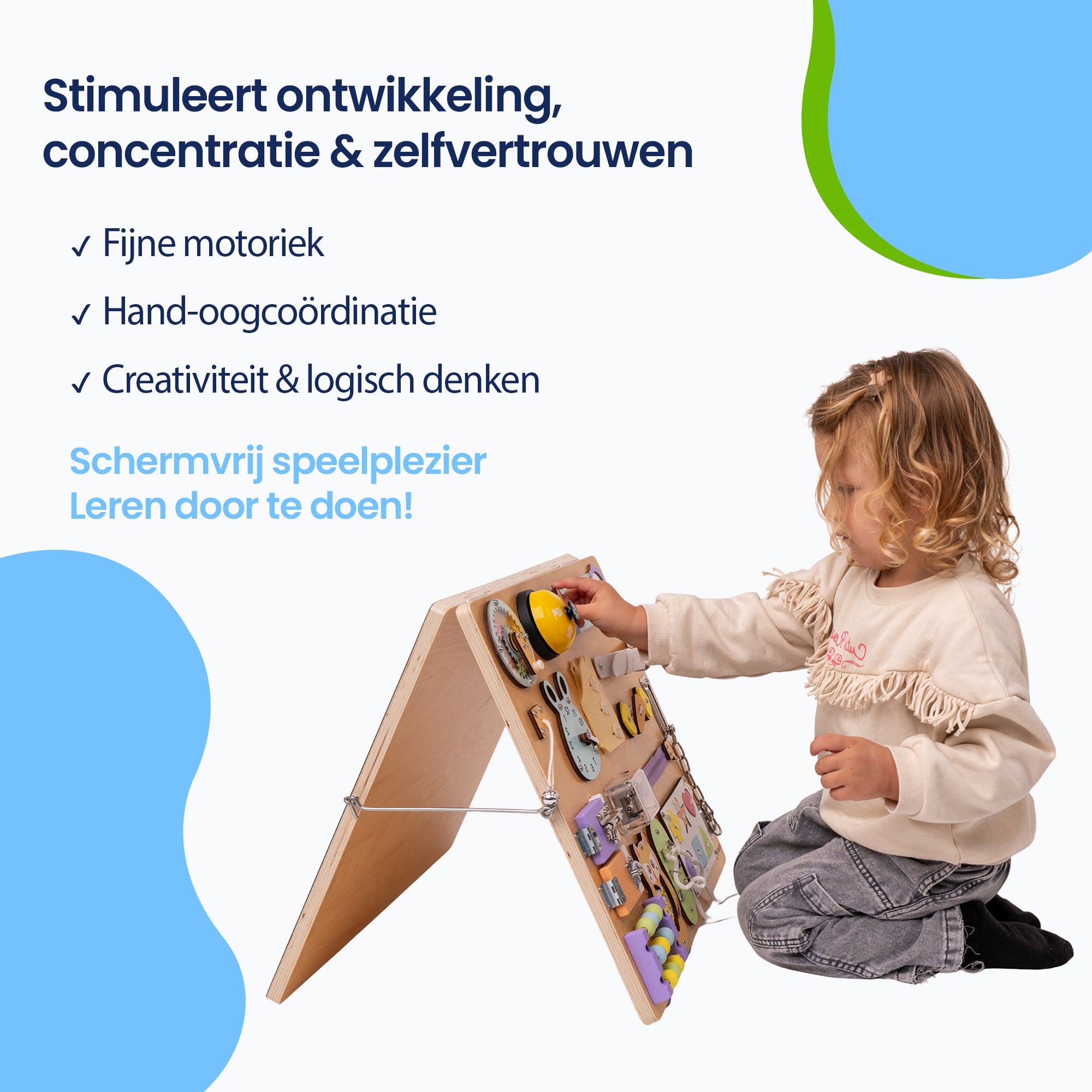 Stimuleert ontwikkeling, concentratie & zelfvertrouwen

✔ Fijne motoriek
✔ Hand-oogcoördinatie
✔ Creativiteit & logisch denken

Schermvrij speelplezier
Leren door te doen!

