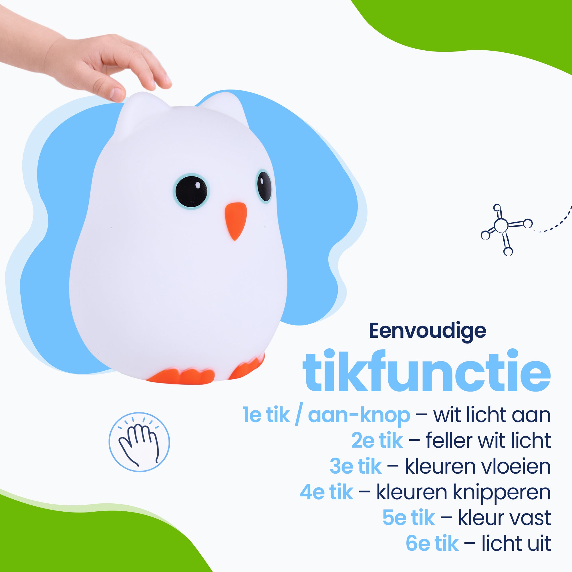 Eenvoudig Tap-on systeem - Eenvoudig in gebruik - zet het licht aan - maakt het licht feller - laat de kleuren vloeien - kleuren afwisselend knipperen - zet de kleur vast - zet de kleur uit