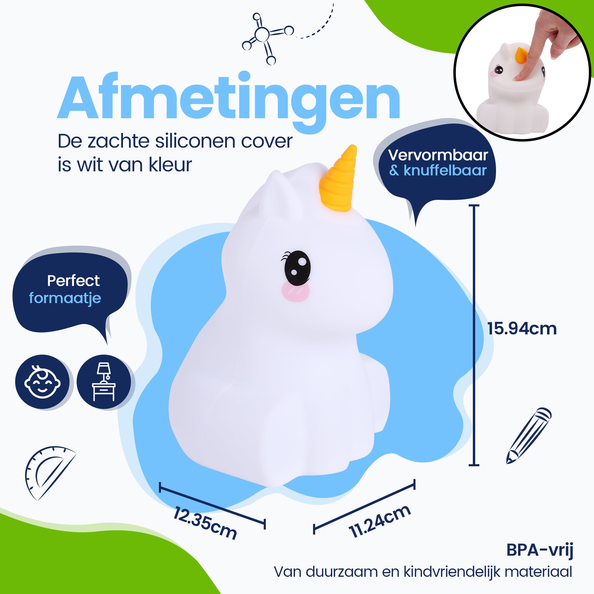 Afmetingen Eenhoorn Nachtlamp - Perfect formaatje - Premium Design - De siliconen cover is wit van kleur